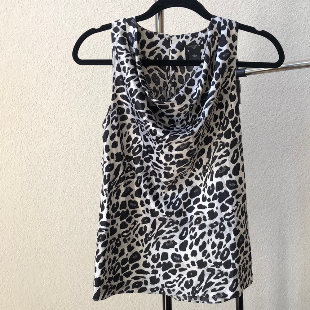 Ann Taylor Leopard print sleeveless top 2P Draped Satiny EUC Black grey white